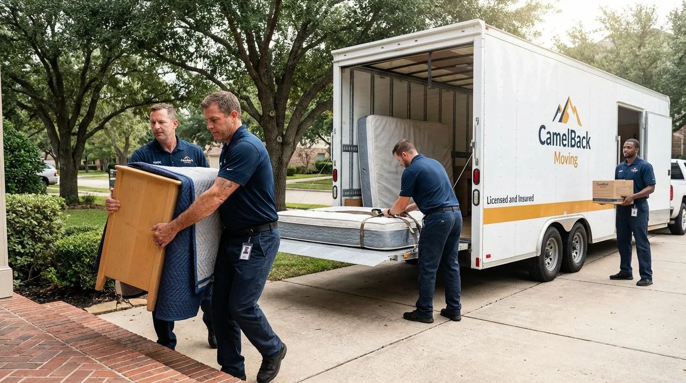Crew loading residential truck for cross-state move from Omro, WI