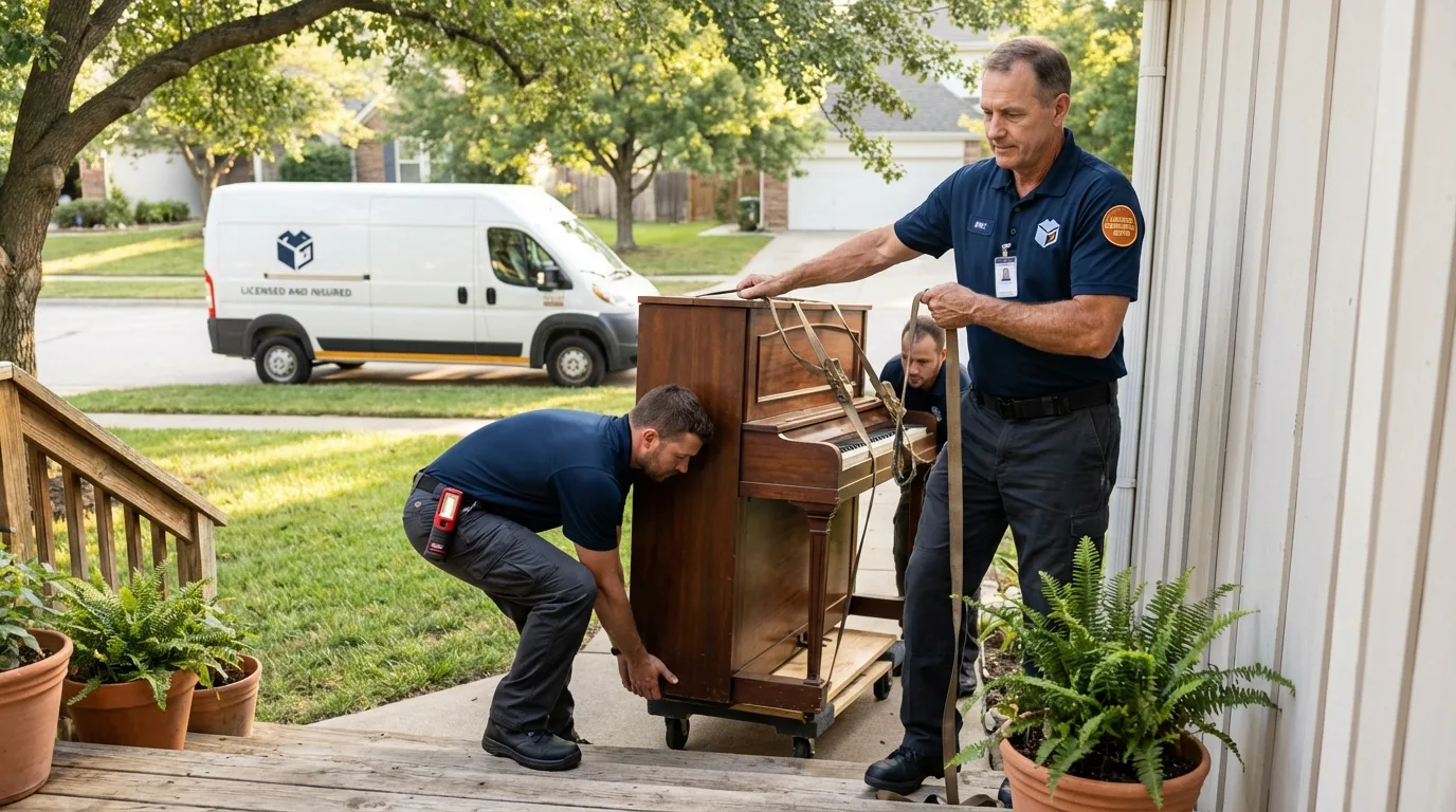 Licensed piano movers securing grand piano in Omro, WI
