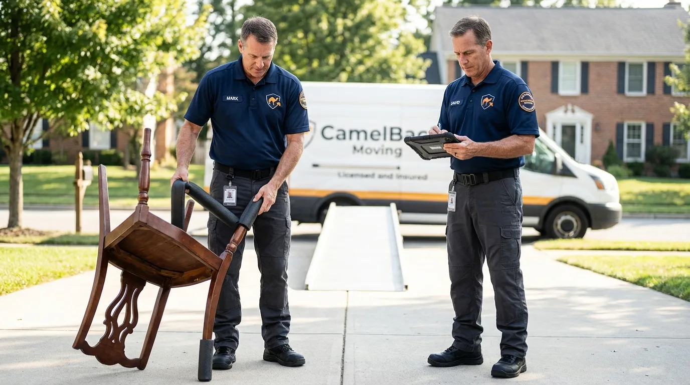 Movers inspecting furniture for damage prevention before loading in Omro, WI