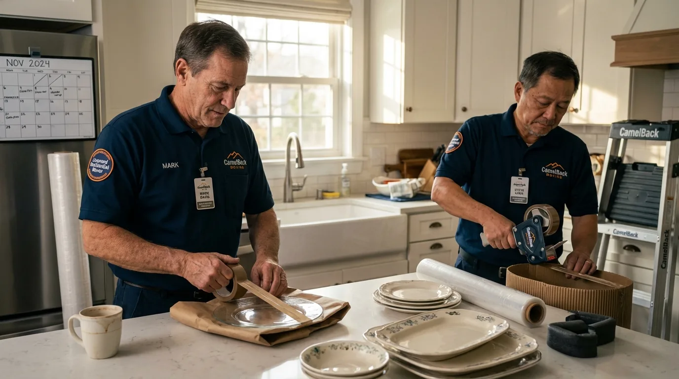 Professional crew packing kitchen dishware in Omro, WI